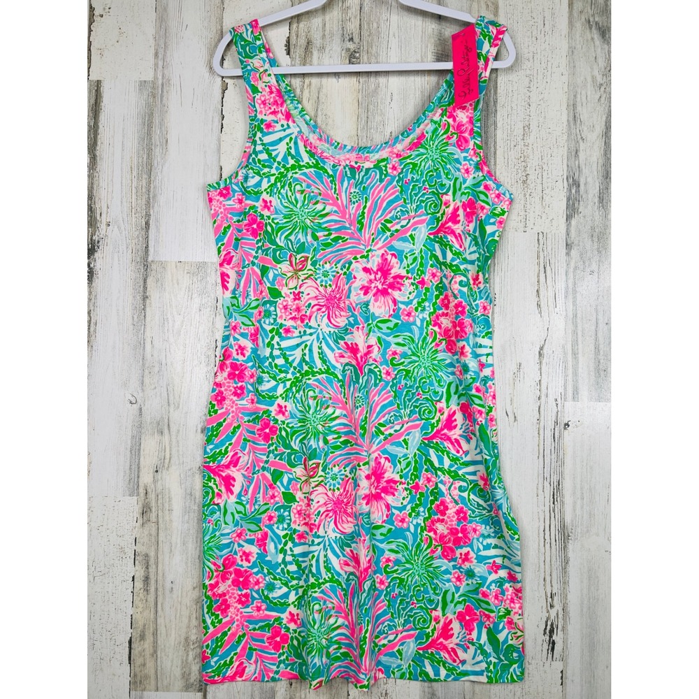 NEW Lilly Pulitzer Dress L Pink Green Floral Pima Cotton Retro Tropical Resort